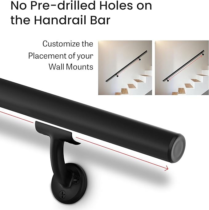 Meranti Aluminum Handrail for Indoor or Outdoor Steps and Stairs – Hand Rails for Elderly – DIY Complete Stair Railing Kit (AHR, Black Textured, 8' Length)