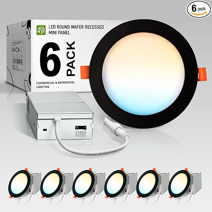 ASD 6 Pack LED Recessed Lighting 6 Inch 12W, 5 CCT 2700K-5000K CRI90+, IC Rated Ultra Thin Dimmable Ceiling Lights with J Box, Canless Wafer Downlight, Round Slim Panel Light, Energy Star ETL, Black