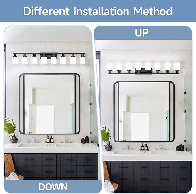 8 Light Bathroom Vanity Light,Modern Matte Black Bathroom Light Fixtures Over Mirror with Square Frosted Glass,Wall Sconces for Restroom,Living Room Hallway E26