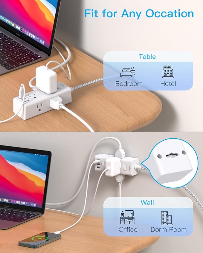 Power Strip Surge Protector - One Beat 6 Widely Outlets with 3 USB Ports(1 USB C), Flat Plug Extension Cord, Multi Plug Wall Outlet Extender, Small Power Strip for Home Office Travel College Dorm Room