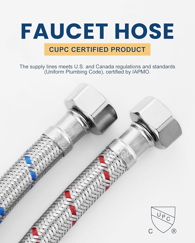ALEASHA 20'' Length Faucet Supply Line, Stainless Steel Braided cUPC Sink Hose with G1/2" FIP x 3/8" Compression Supply Hose for Sink Faucet Bathroom Kitchen Faucet Connector Water Supply Line 2 PCS