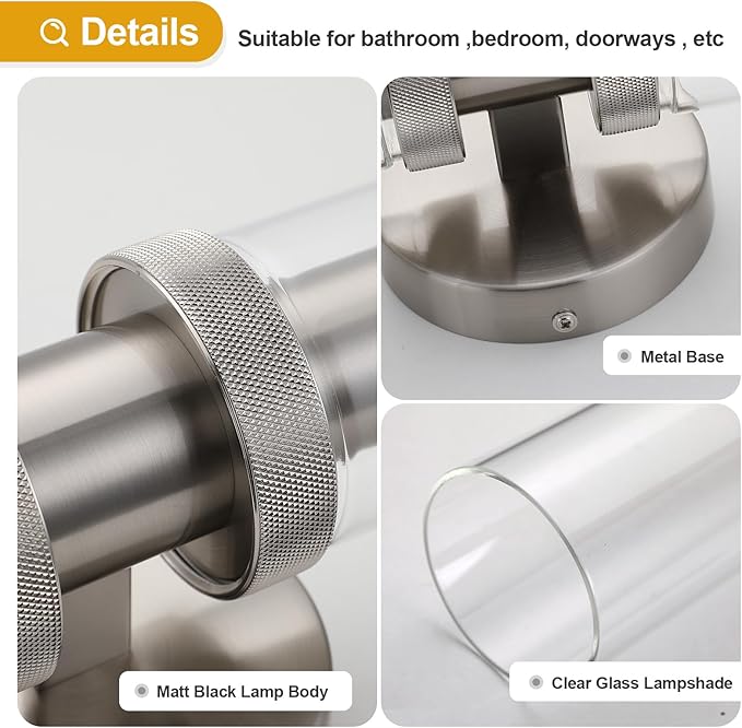 2 Light Bathroom Vanity Light Brushed Nickel, Bathroom Light Fixtures Side Mirror, Vintage Wall Lamp for Bedroom, Modern Bedroom Vanity Lighting Fixtures with Glass Shade