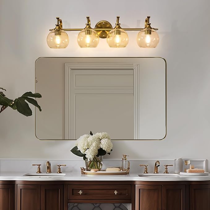 ANDY STAR Brass Vanity Light, Gold Bathroom Light Fixtures 4 Lights, 27.8 Inch Vintage Bathroom Sconces, Brushed Brass Vanity Lighting with Globe Clear Glass Shade, E26 Base (Bulbs Not Included)