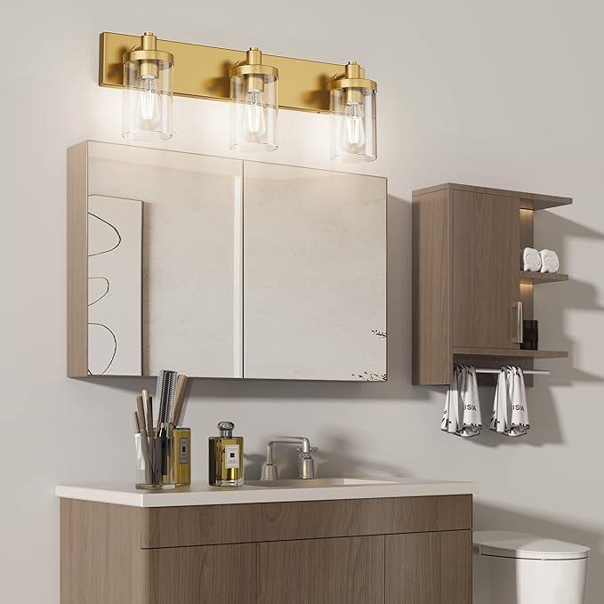 Aipsun Gold Vanity Light 3 Lights Bathroom Vanity Lighting Fixtures Over Mirror Bathroom Wall Light with Clear Glass Shade(Exclude Bulb)