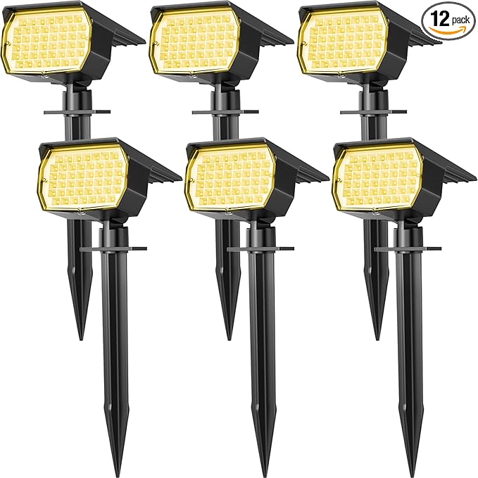 Solar Spot Lights Outdoor Waterproof IP65, 6 Pack Landscape Spotlights with 46 LEDs, 3 Modes Auto On/Off Solar Powered Flood Lights for Outside Pathway, Yard, Garden, Walkway (Warm White)