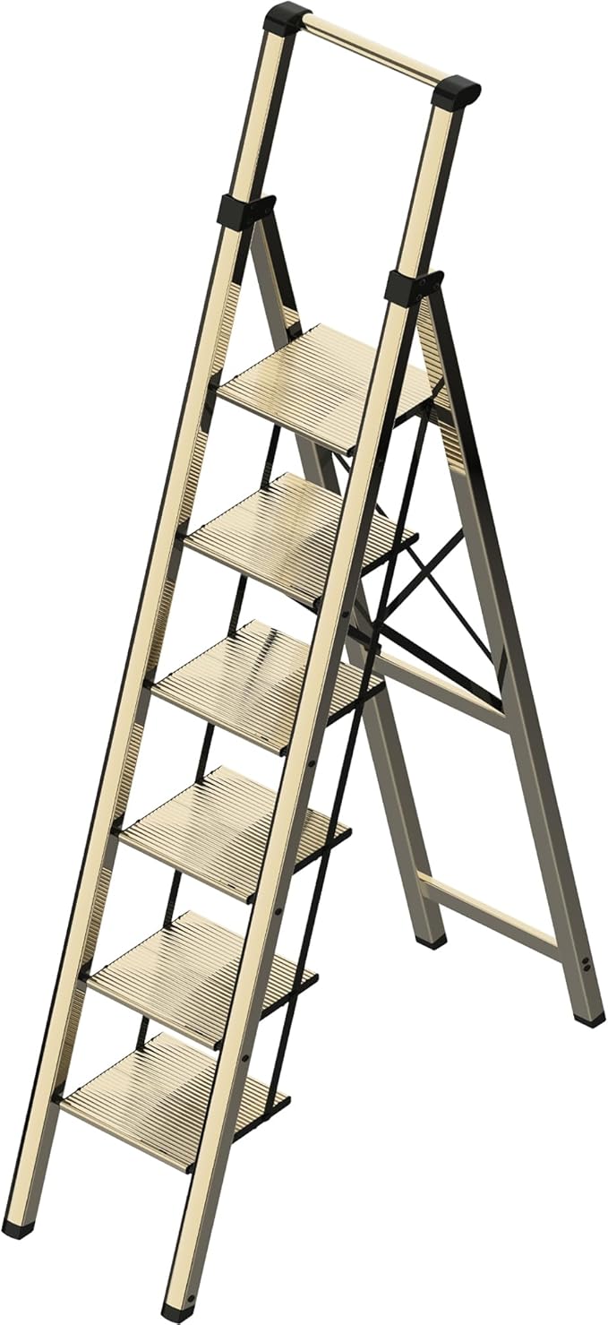 6 Step Ladder, Portable Step Ladder with Handrails, Folding Step Stool for Adult, Aluminum Step Ladder for Closet, Kitchen, Outdoor, 330LBS - Champagne Gold