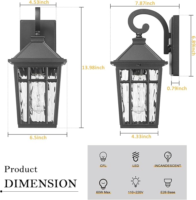 Darkaway Outdoor Wall Lights for House, Exterior Lighting Fixtures Wall Mount Outside Porch Lights Waterproof Black Outdoor Sconce Lights with Water Ripple Glass for Patio Garage Front Door