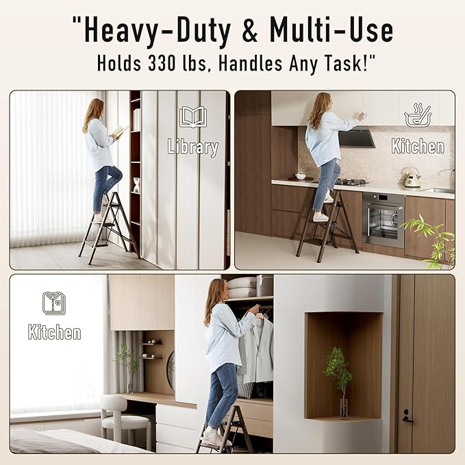 3 Step Ladder,Aluminum Folding Step Stool for Adults,Step Ladder with Wide Anti-Slip Pedal,330 lbs Capacity for Home,Office,Kitchen,Library(Walnut)