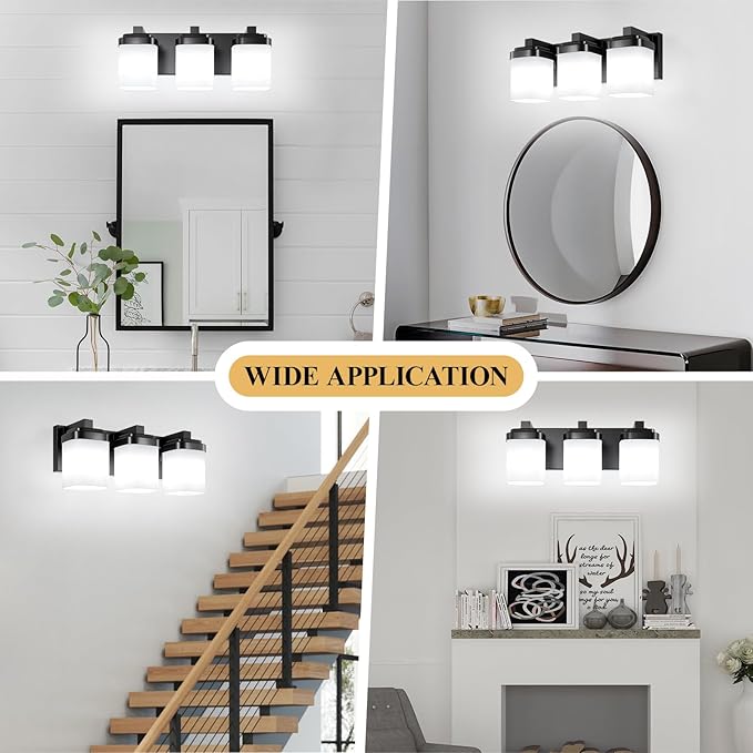 3-Light Black Bathroom Light Fixtures, Vanity Lights for Bathroom Mirror Lamp with Milky White Square Glass Shade, E26 Base Modern Wall Sconce Light Kitchen Light Fixtures Led Vanity