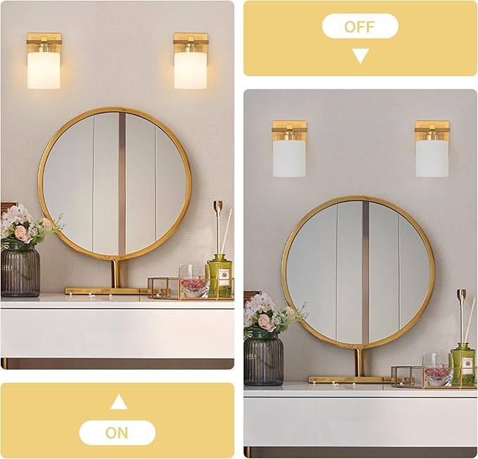 1 Light Modern Bathroom Light Fixtures Over Mirror, Brass Finish Vanity Lights for Bathroom Wall Sconces with Milky White Glass Shades, E26 Socket (Bulbs Not Included)