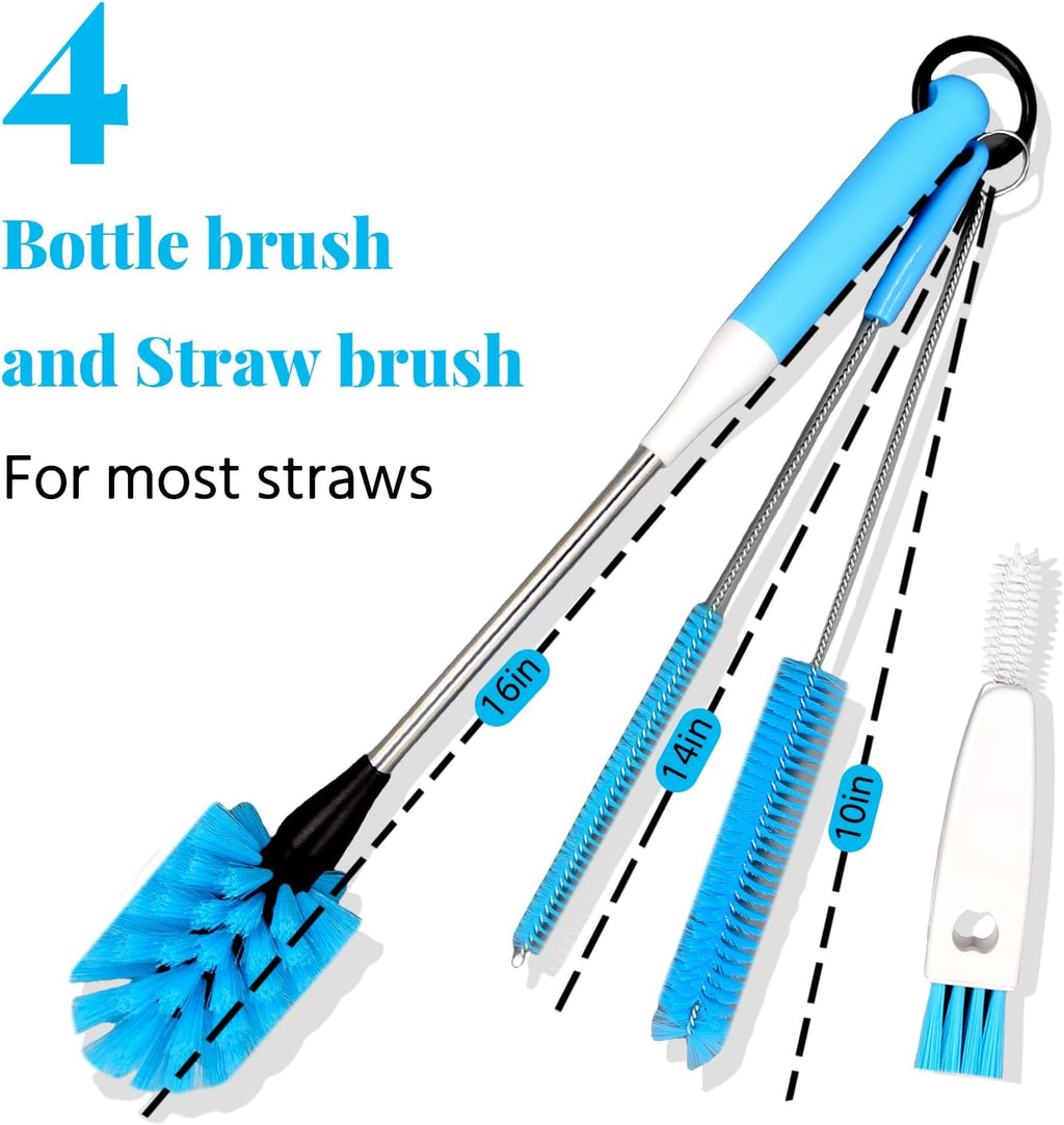 4-in-1 Bottle Brush, 15 in Water Bottle Brush & Straw Cleaner Brush,Lid Brushe,Bottle Cleaning Brush for Water Bottle, Flask,Wine Decanters,Straws-Blue