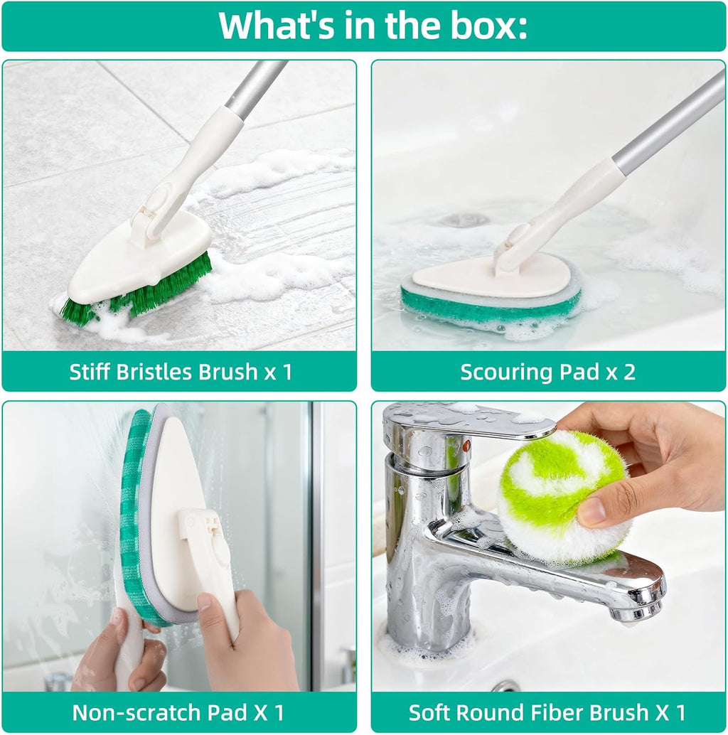 Qaestfy 4-in-1 Shower Scrubber for Tub and Tile, 51'' Long Handle Bathroom Cleaning Brush with Soft & Stiff Bristles, Non-Scratch Cleaner for Bathtub and Floor