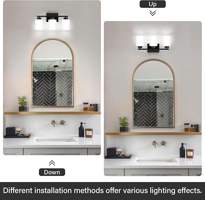 Black Bathroom Light Fixtures, 3-Light Modern Vanity Light Over Mirror, Wall Sconces with Milky White Frosted Glass Shades, E26 Socket (Bulbs Not Included)