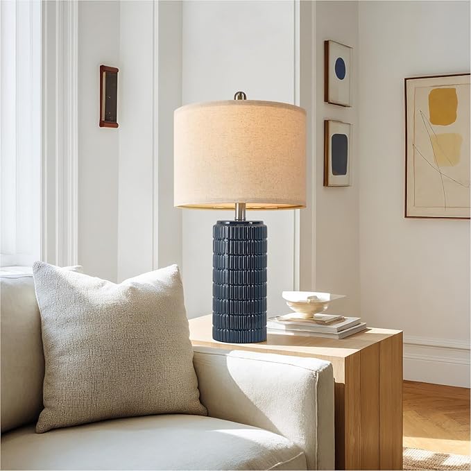 PoKat 24" Modern Ceramic Table Lamps Set of 2 for Bedroom, Blue Bedside Lamps for Night Stands, Farmhouse Desk Decor Nightstand Table Lamps for Living Room End Table Dark Blue