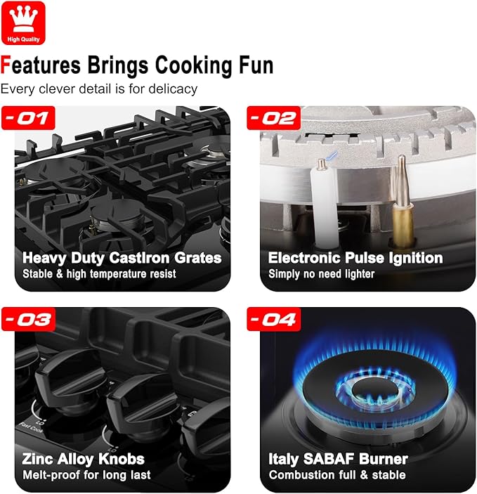 GASLAND 30 Inch Gas Cooktop Black, 5 Burner Propane Stove Top, Built-in NG/LPG Convertible Gas Cooktops, Plug-in with Thermocouple Protection, Black