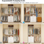 Closet System, 4FT-8FT Closet Organizer System with 3 Wooden Drawers Walk-in Closet Storage System with 5 Expandable Hanging Rods Garment Rack Wall Mount White
