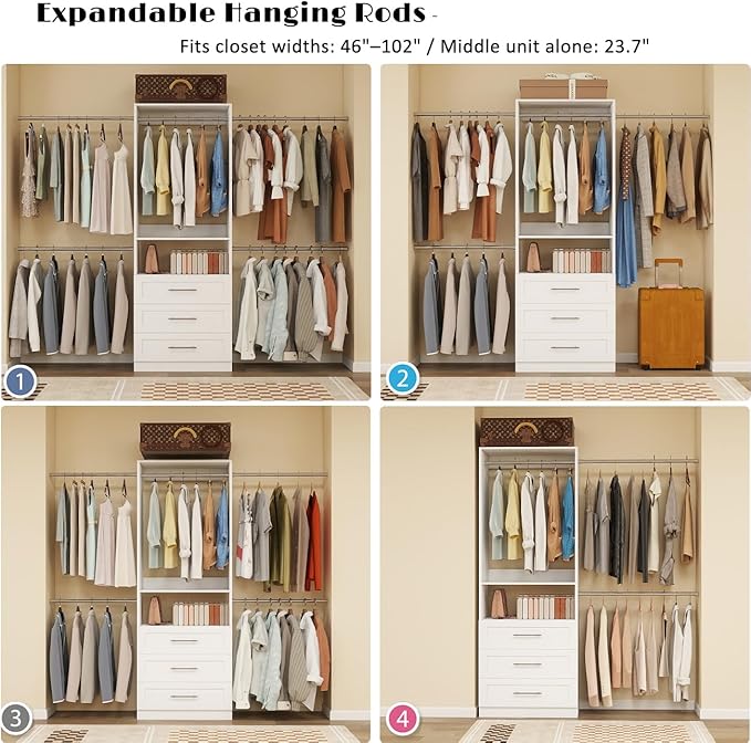 Closet System, 4FT-8FT Closet Organizer System with 3 Wooden Drawers Walk-in Closet Storage System with 5 Expandable Hanging Rods Garment Rack Wall Mount White
