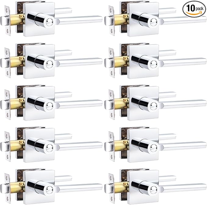 Probrico Polished Chrome Privacy Door Handle Lockset Heavy Duty Square Interior Door Lever for Bedroom or Bathroom Reversible Keyless Handleset Door Knob Slim Handed Levers, 10 Pack
