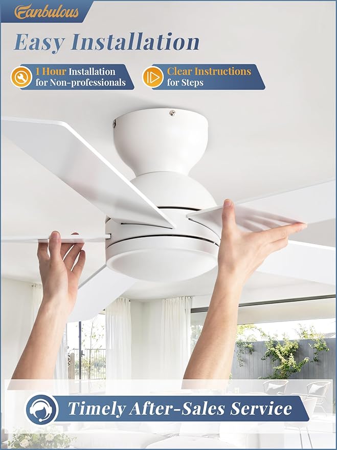 48 Inch Flush Mount Ceiling Fan without lights, White Ceiling Fan with Remote, 6-Speeds, Quiet Reversible DC Motor, Indoor/Outdoor Ceiling Fans for Living Room, Bedroom, Patio