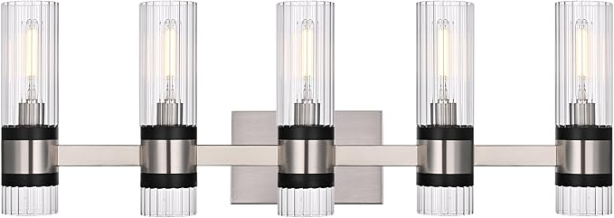 MELUCEE 5-Light Vanity Bathroom Lights, Modern Brushed Nickel Bathroom Light Fixtures Over Mirror with Ribbed Clear Glass Shade, Wall Mount Lamp for Bath Kitchen Bedroom Hallway, E12 Base