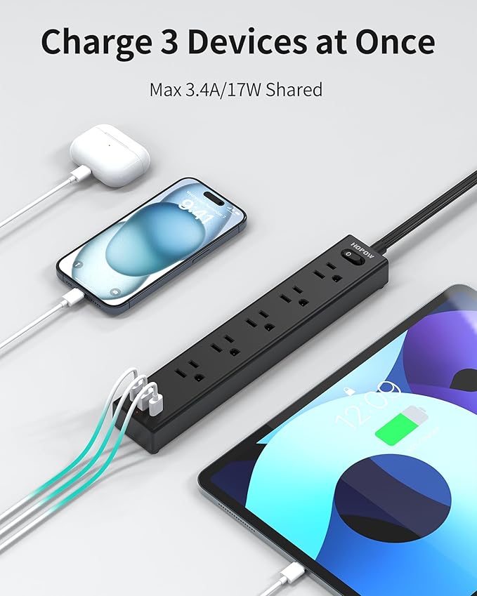 Power Strip Surge Protector, 2 Pack, 10 Ft Ultra Thin Flat Extension Cord, Surge Protector with 5 Outlets & 3 USB Ports (2 USB C), 1700 Joules, 3-Prong, Wall Mount for Home Office Dorm, Black