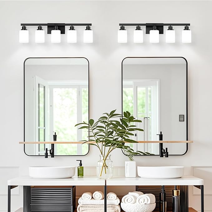 5-Light Bathroom Vanity Light, Modern Matte Black Bathroom Light Fixtures with Square Frosted Glass, Wall Sconces fixtures Over Mirror Restroom,Living Room Hallway E26