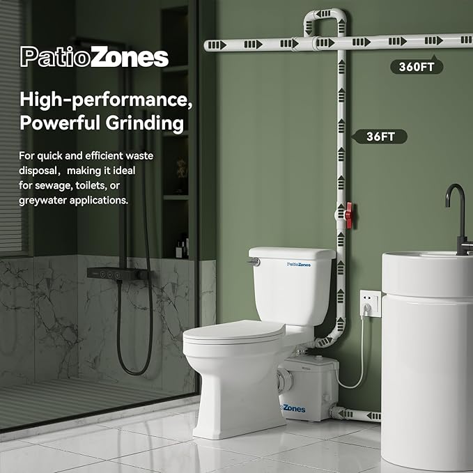 800W Macerator Pump, Up to 36 ft, High Efficiency Sewerage Pump with 2 Outlets/4 Inlets for Macerating Toilet,Sink, Shower, Basement, High Power Copper Motor