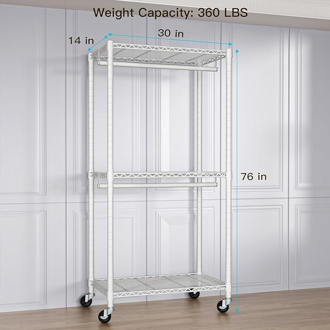 FUTASSI P1 Medium Heavy-Duty Portable Closet, 30" W x 14" D x 76" H, Metal Rolling Clothing Rack, White