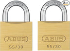 ABUS 55/30 2 Pack Small Solid Brass Padlock with 2 Keys for School, Gym, Cabinet 1 9/64in (30mm) Wide, Keyed Alike