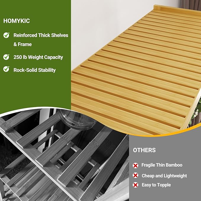 Homykic Bamboo Clothes Rack with Shelves and Double Hang Rods, Portable Closet System Garment Rack for Hanging Clothes, Tall Clothing Rack Corner Closet Organizer, Easy to Built, Natural