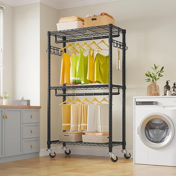 VIPEK R2 Mini Rolling Clothes Rack Heavy Duty Clothing Rack for Hanging Clothes Adjustable Portable Closet Metal Clothes Racks with Wheels Double Rods Side Hooks, Freestanding Garment Rack, Black