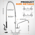 36" Height Commercial Faucet with Sprayer, 8" Adjustable Center & 12" Add-on Swing Spout, Wall Mount Pre Rinse Commercial Sink Faucet for Restaurant Industrial Kitchen