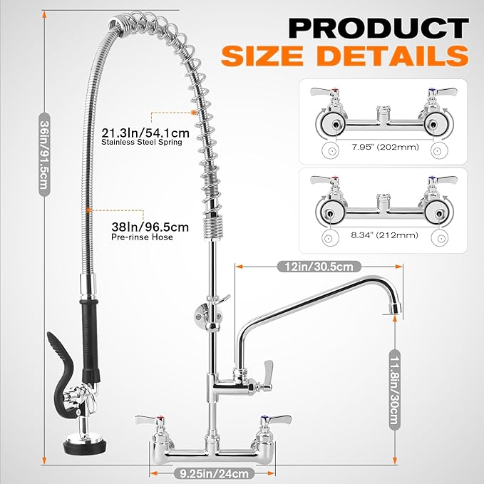 36" Height Commercial Faucet with Sprayer, 8" Adjustable Center & 12" Add-on Swing Spout, Wall Mount Pre Rinse Commercial Sink Faucet for Restaurant Industrial Kitchen