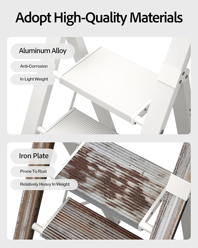 5 Step Ladder, Lightweight Folding Step Stool with Convenient Handgrip,Aluminum 330lbs Capacity Step Ladder for Office,Household,Kitchen(White)