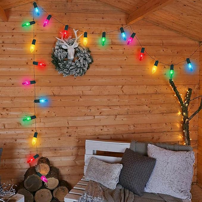C9 Multicolor Christmas Light Bulbs, Vintage Incandescent Replacement Bulbs for Christmas String Lights, E17 Intermediate Base 7W Night Light Bulbs for Indoor Outdoor Holiday Decor, 25 Pack