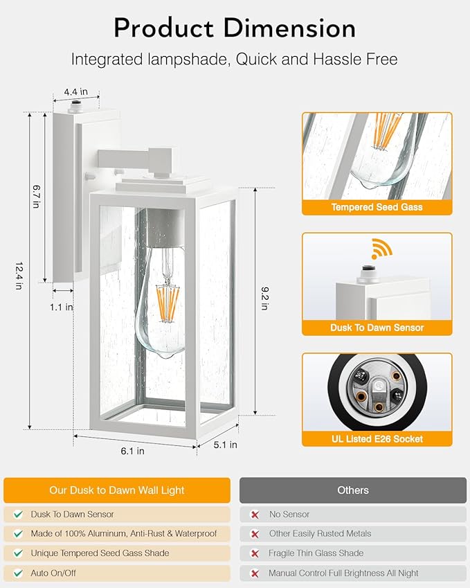 VIANIS Outside Lights for House Wall Mount, White Dusk to Dawn Outdoor Lighting Fixtures, Waterproof Anti-Rust Aluminum Porch Lights with Tempered Seed Glass, Modern Outdoor Wall Lantern for Garage