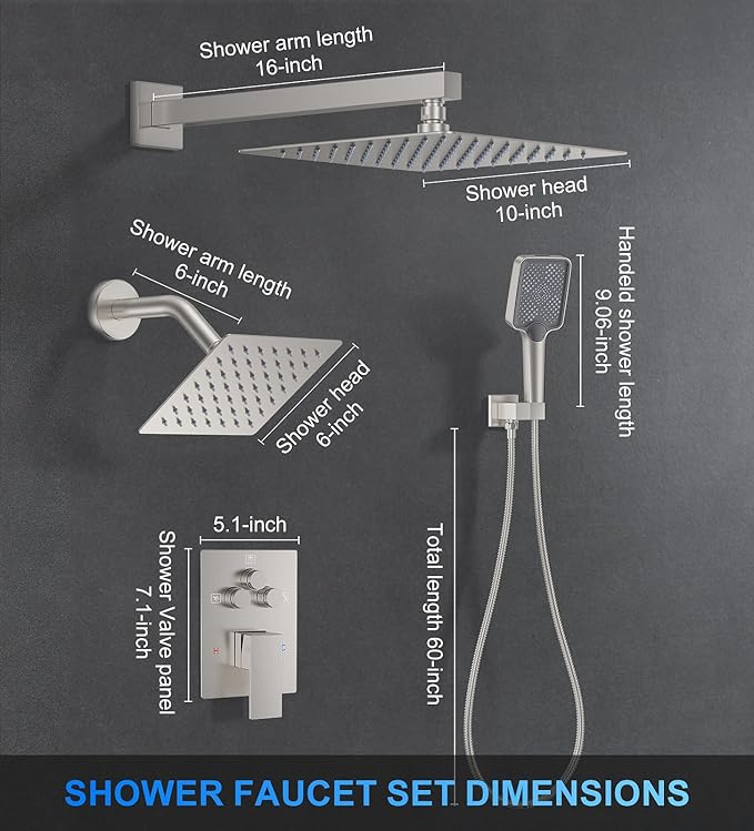 Shower Faucet Set, 10" Wall Mount Rainfall Shower System with 2 Rain Shower Head and Multi-function Handheld Head Push Button Diverter Shower Faucet Trim Kit Brushed Nickel