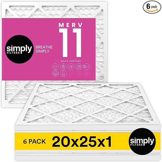 Simply 20x25x1 Air Filter, Merv 11, MPR 1000, 6 Pack, For Home AC Furnace & HVAC (Actual Size: 19.75"x24.75"x0.75") DUST, Pet, & Allergy Control