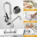 Commercial Kitchen Faucet with Sprayer for Restaurant-Chefs: BESTJEEF Commercial Sink Faucet for Cook - 25" Height 8" Center Wall Mount Kitchen Faucet with Stainless Spring Spray and 10" Add-On Spout