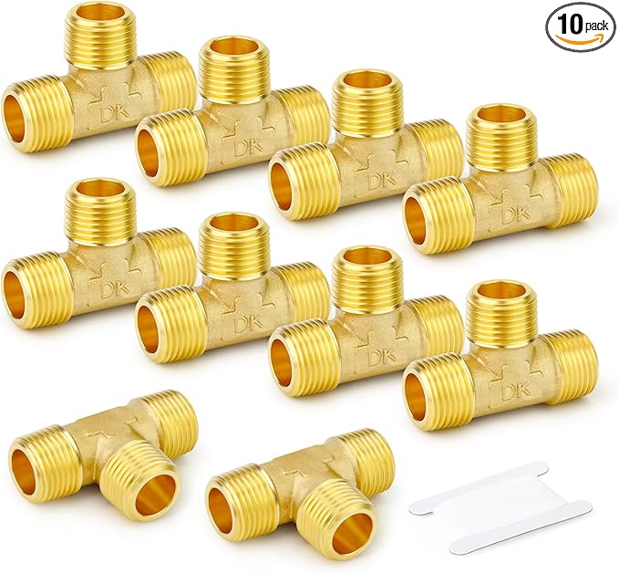GASHER 10PCS Brass Male Tee Pipe Fitting T Adapter, 3 Way Brass Fitting 1/8" x 1/8" x 1/8" NPT T Fitting