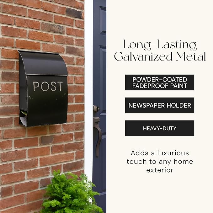NACH Mailboxes for Outside Wall Mount, 15 x 9.5 x 4 inches, Rustic Black Wall Mounted Mailbox and Newspaper Holder, Waterproof Mailbox for Door - The Rustic Milano Mailbox