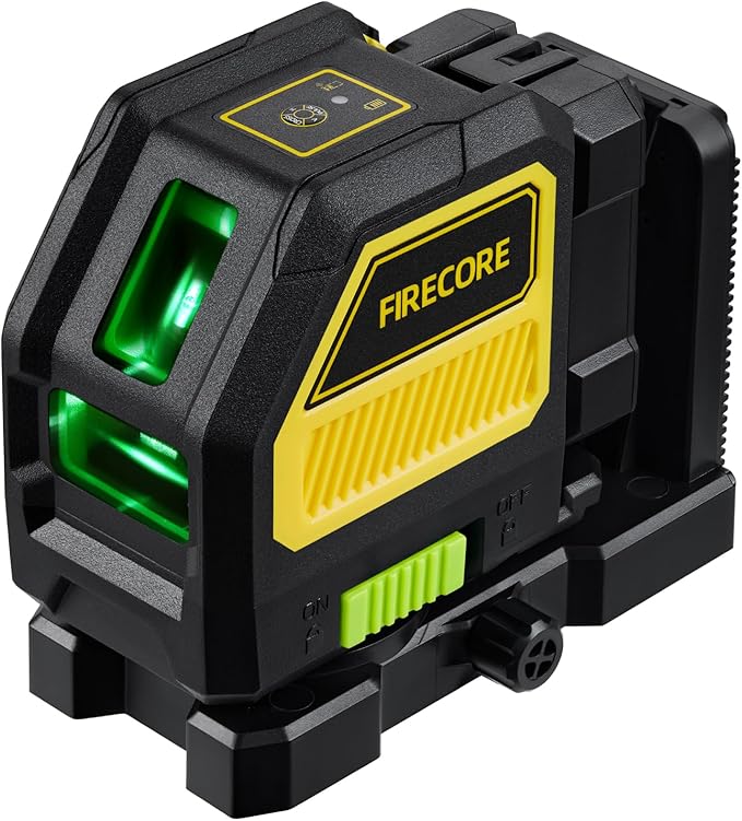 Firecore Self Leveling Laser Level, Green Cross Line Lazer Leveler Tool for Picture Hanging Wall Tile Construction, 360° Magnetic Pivoting Base and Battery Included