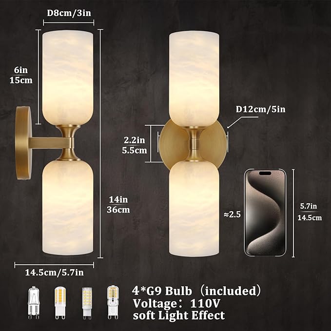 Alabaster Wall Sconces Set of Two, 14in Modern Spanish Natural Marble Bathroom Vanity Sconces, Brass Alabaster Sconce Wall Lighting, Gold Wall Light Fixtures Decor for Bedroom Living Room Staircases