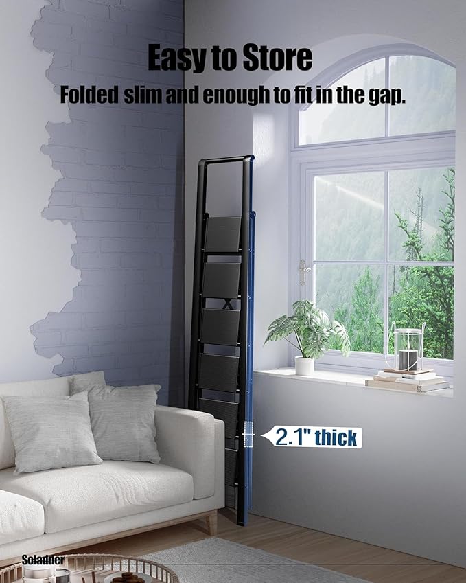 6 Step Ladder for 12 Feet High Ceiling, Folding Step Stool with Handgrip & Anti-Slip Wide Pedal, Portable Lightweight Aluminum Stepladder for Kitchen, Home (300 lbs Capacity) - Black