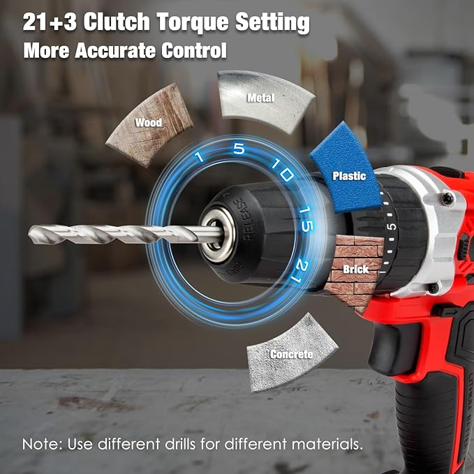 KITLUCK Cordless Drill Set, 20V Power Drill Kit Electric Drills with 2 X 2.0AH Battery, 44pcs Bits, 1 Box Screws, Bubble Level, 3/8'' Chuck Power Drill, 32NM, 21+3 Position, 2 Variable Speed