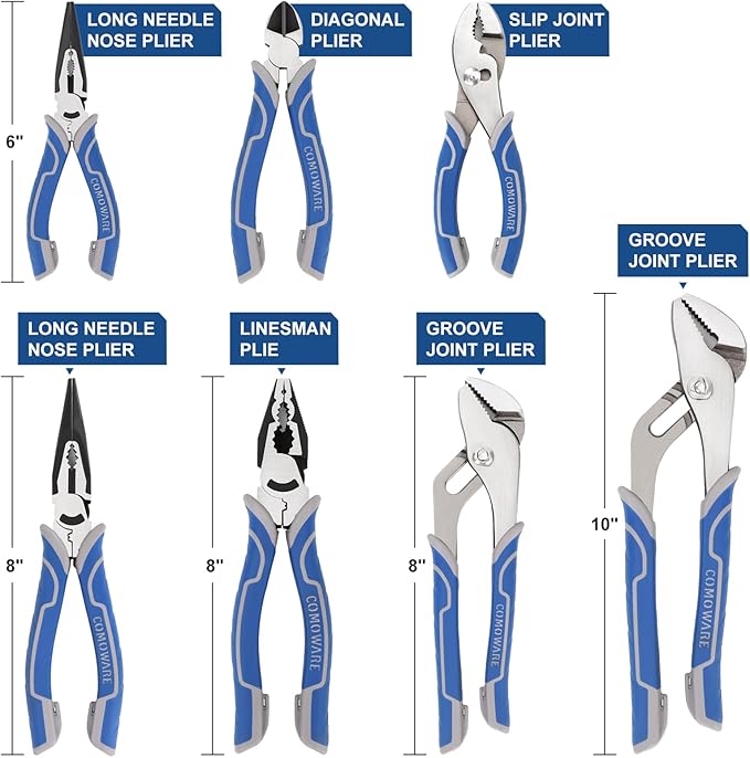 COMOWARE 7Pcs Pliers Tool Set, Mechanic Pliers with Rolling Pouch, including Groove Joint Long Nose Slip Joint Diagonal & Wire Plier for Home DIY Craft Projects Basic Repairs
