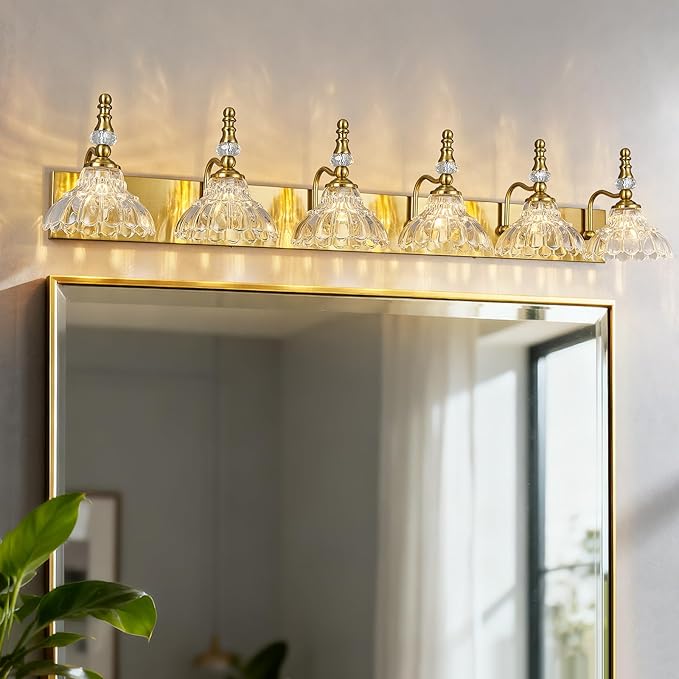 Vintage Bathroom Vanity Light, 6-Light Gold Vanity Lighting Fixture with Flower Glass Shade, Bathroom Lighting Fixtures Over Mirror
