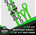 Rhino USA Ratchet Straps Heavy Duty Kit (2-Pack) - 1.6 Inch x 8 Feet (5,208lb Break Strength) - Ultimate Tie Down Straps with Safety S Hooks for Trucks, ATV, UTV, Motorcycle, Cargo & More - Green