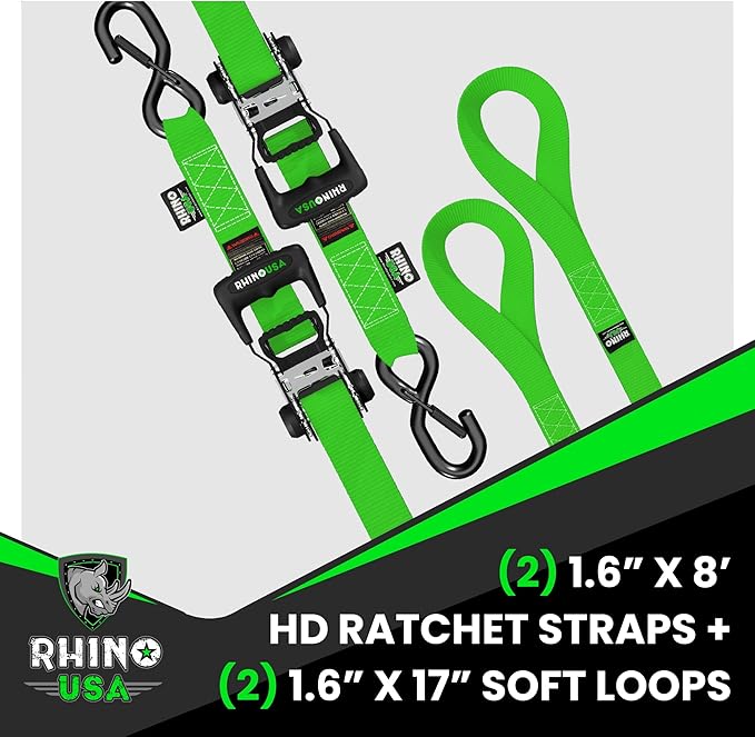 Rhino USA Ratchet Straps Heavy Duty Kit (2-Pack) - 1.6 Inch x 8 Feet (5,208lb Break Strength) - Ultimate Tie Down Straps with Safety S Hooks for Trucks, ATV, UTV, Motorcycle, Cargo & More - Green