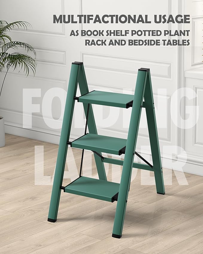 Taranta 3 Step Ladder,Aluminum Lightweight Folding 3 Step Stool with Anti-Slip Wide Pedal,330lbs Capacity Step Ladder for Household,Kitchen,Office - Green